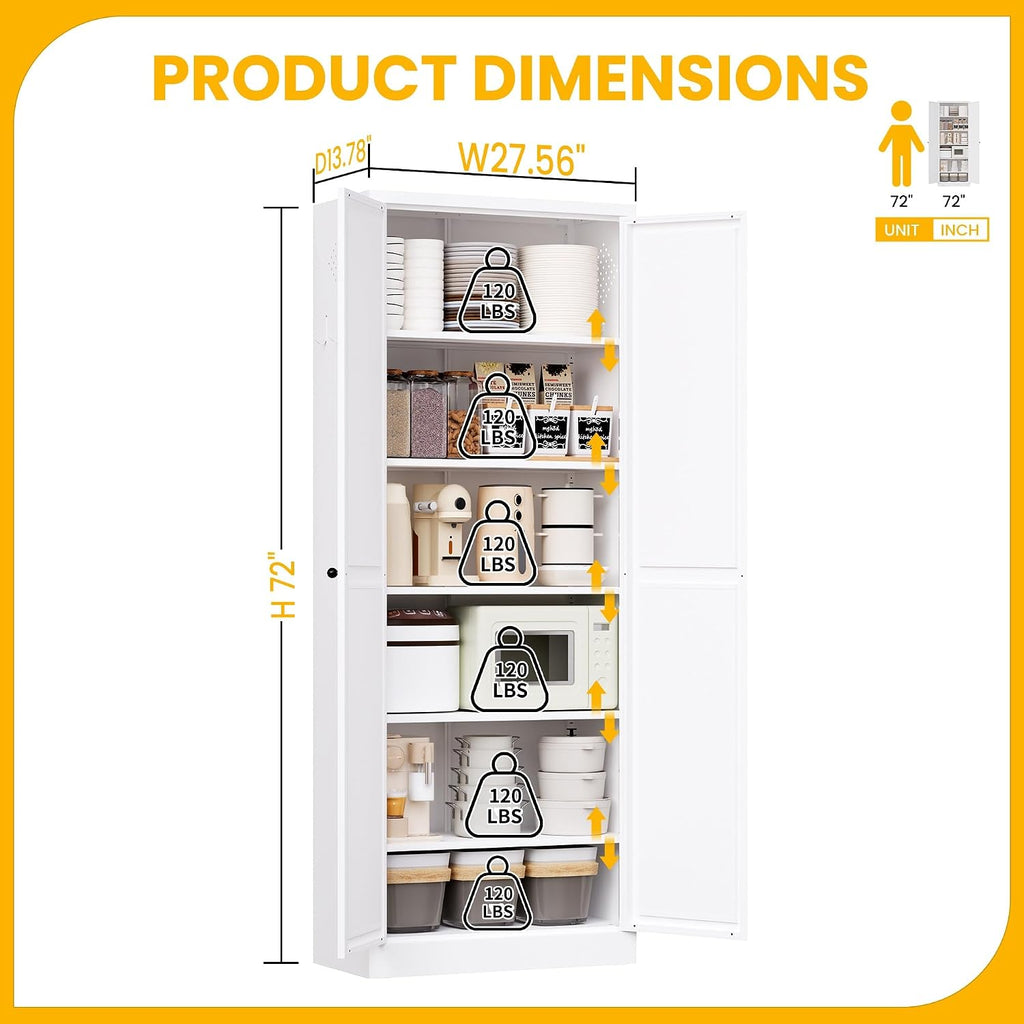 White Kitchen Pantry Cabinet, 72" Tall Metal Storage Cabinet with 2 Door and 5 Adjustable Shelves, Pantry Cabinets for Kitchen Storage, Assemble Required