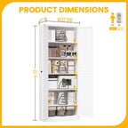White Kitchen Pantry Cabinet, 72" Tall Metal Storage Cabinet with 2 Door and 5 Adjustable Shelves, Pantry Cabinets for Kitchen Storage, Assemble Required