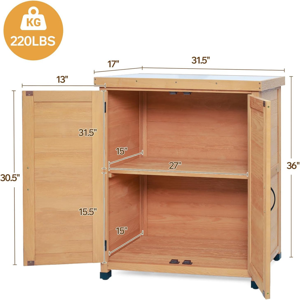 31" Weatherproof Small Storage Cabinet, Storage Cabinets with Sturdy X-Shape Design, Tool Cabinet with Magnetic Door for Patio and Garage, Light Brown