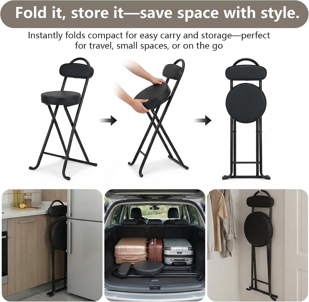 Folding Stool,24 Inch Portable Folding Bar Stool Chair with Backrest,Foldable Collapsible High Stools with Handle for Adults Kitchen Island,Black,1Pcs