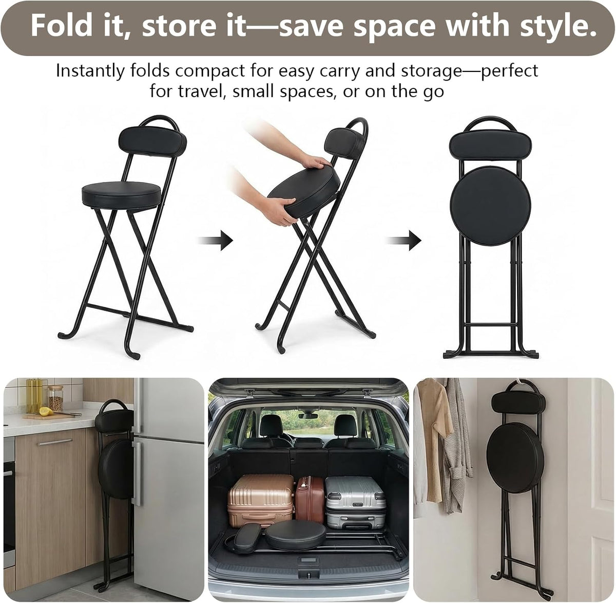 Folding Stool,24 Inch Portable Folding Bar Stool Chair with Backrest,Foldable Collapsible High Stools with Handle for Adults Kitchen Island,Black,1Pcs