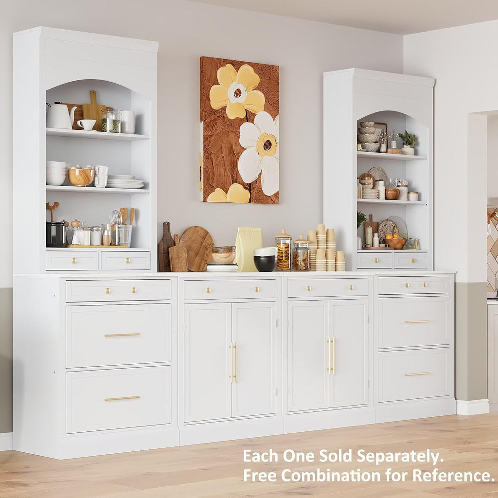 JIJIWANG Modern 83.7inch High Kitchen Pantry, Freestanding Tall Kitchen Hutch with Faux Marble Top, Display Cupboard Cabinet with 5 Storage Drawers and Adjustable Shelf, White