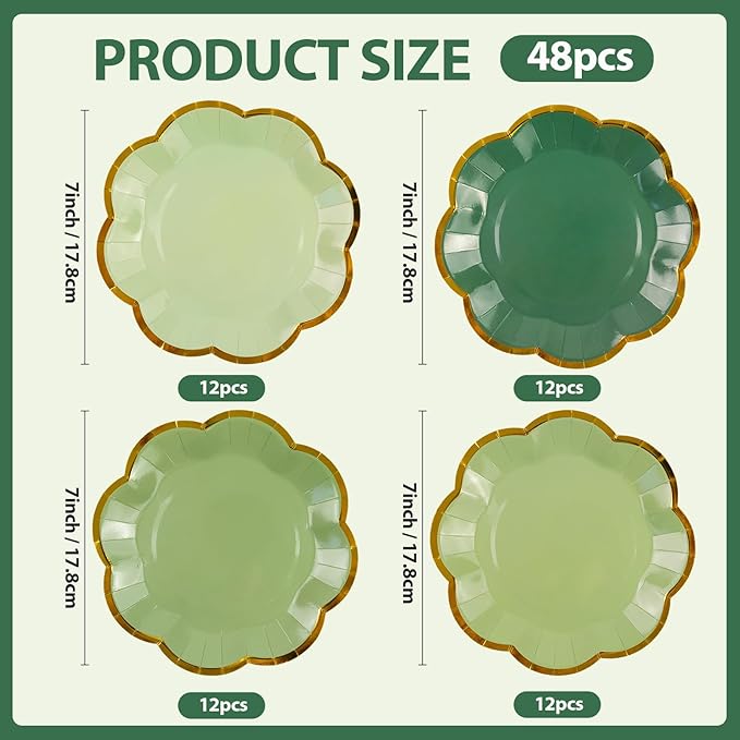 48Pcs Sage Green Scalloped Party Plates - 7inch Gold Foil Gradient Green Dessert Paper Plate Disposable Cake Plates for Birthday Bridal Baby Shower Wedding Party Decorative Supplies