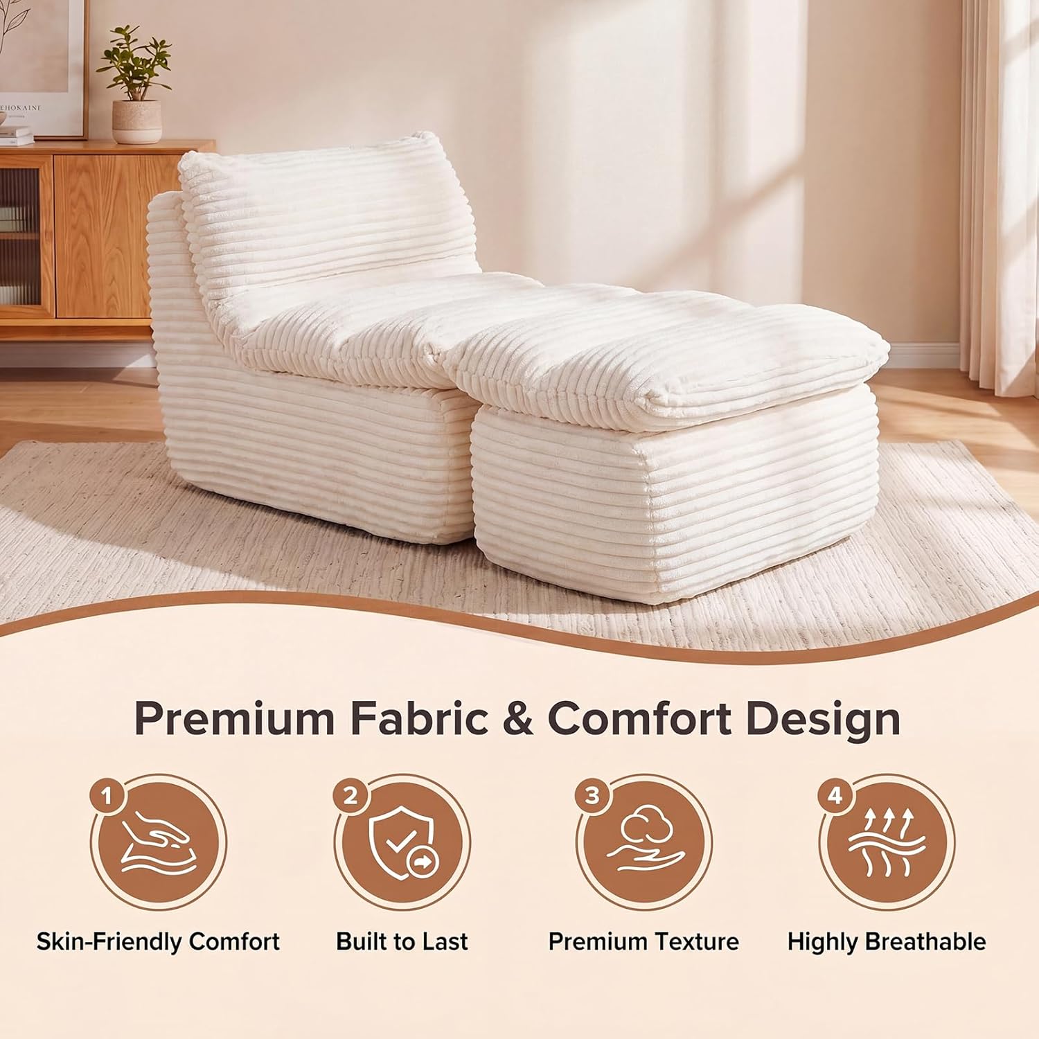 Chaise Lounge Chair, Faux Fur Ergonomic Chair with Ottoman, High Density Memory Foam No Assembly Lazy Sofa, Indoor Leisure Couch for Living Room Bedroom Office Apartment