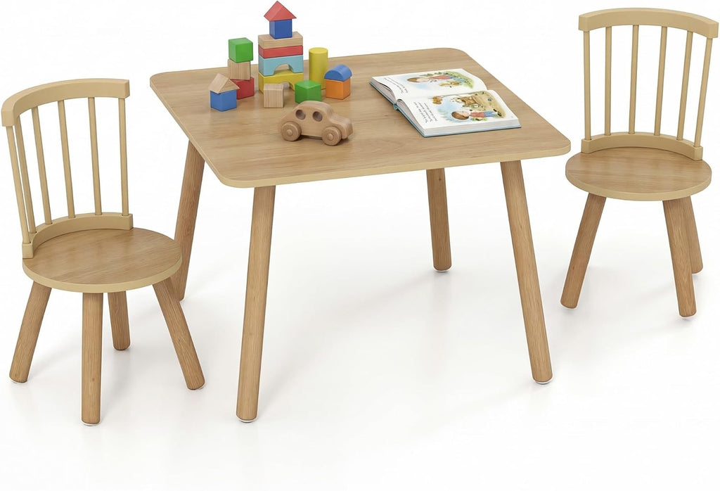Costzon Kids Table and Chairs, 3 PCS Wooden Desk Set for Toddlers (Natural) | Pine Wood Frame, 2 Rounded Chairs, Nursery Children's Room Furniture for Arts, Crafts, Reading, Eating