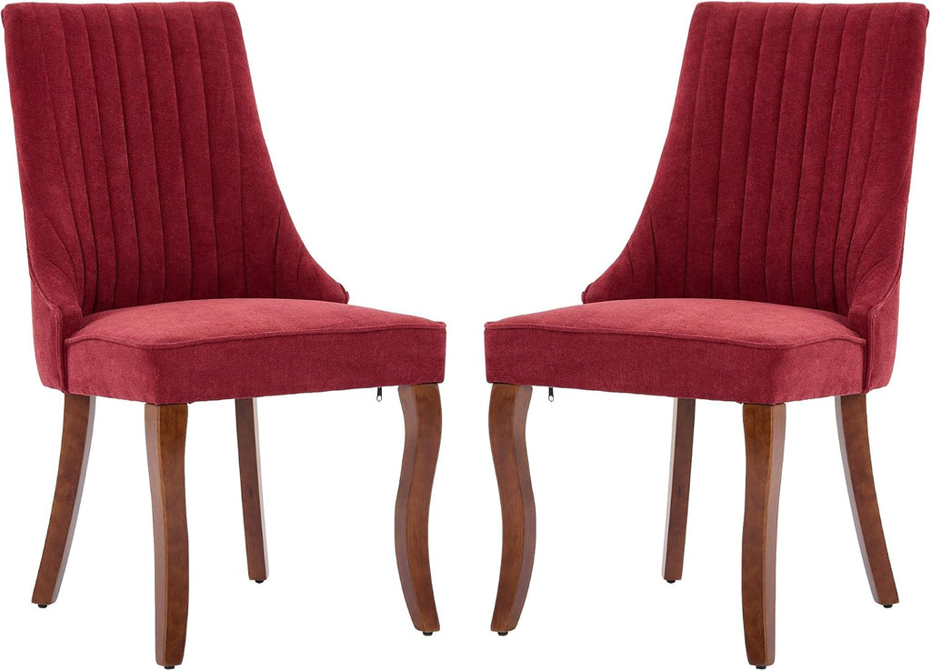 Aoowow Linen Blend Upholstered Dining Chairs Set of 2,Channel Tufted Dinner Chairs for Kitchen with Solid Wood Legs,Neutral Fabric Side Chairs for Dining Room,Living Room(Wine Red)
