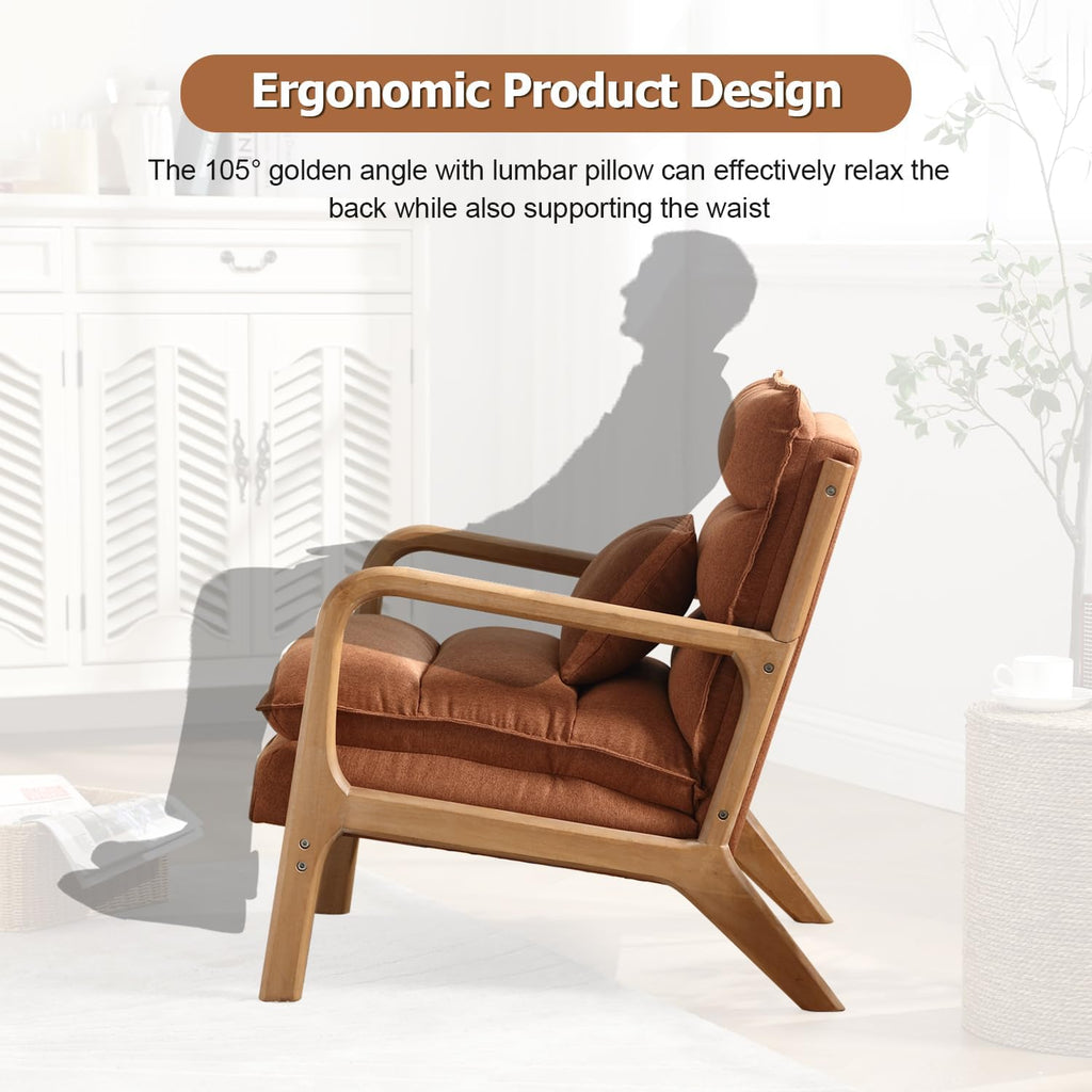 INZOY Mid Century Modern Accent Chair with Wood Frame, Upholstered Reading Armchair with Waist Cushion, Double Padded Accent Chair, Side Chair for Living Room Bedroom Office, Easy Assembly, Brown
