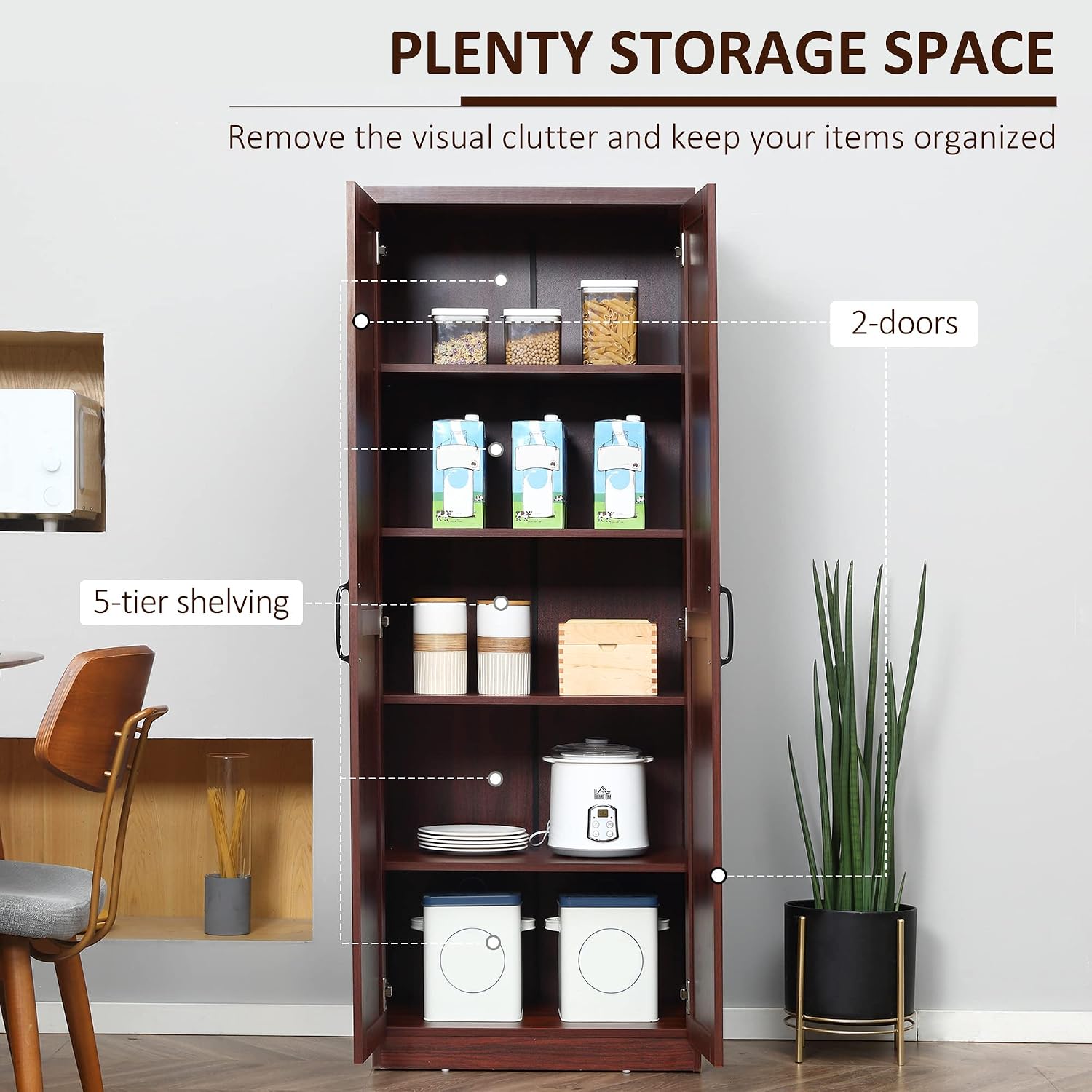 HOMCOM 63" 2-Door Kitchen Pantry 5-Tier Espresso | Freestanding Storage Cabinet, Shelving, 2 Adjustable Shelves, for Dining Room