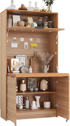 Farmhouse Pantry Cabinet with Foldable Workstation, 69" Tall Buffet with Hutch and Storage, Multifunctional Kitchen Cabinet with Adjustable Shelf and Power Outlet for Dining Room (Natural)