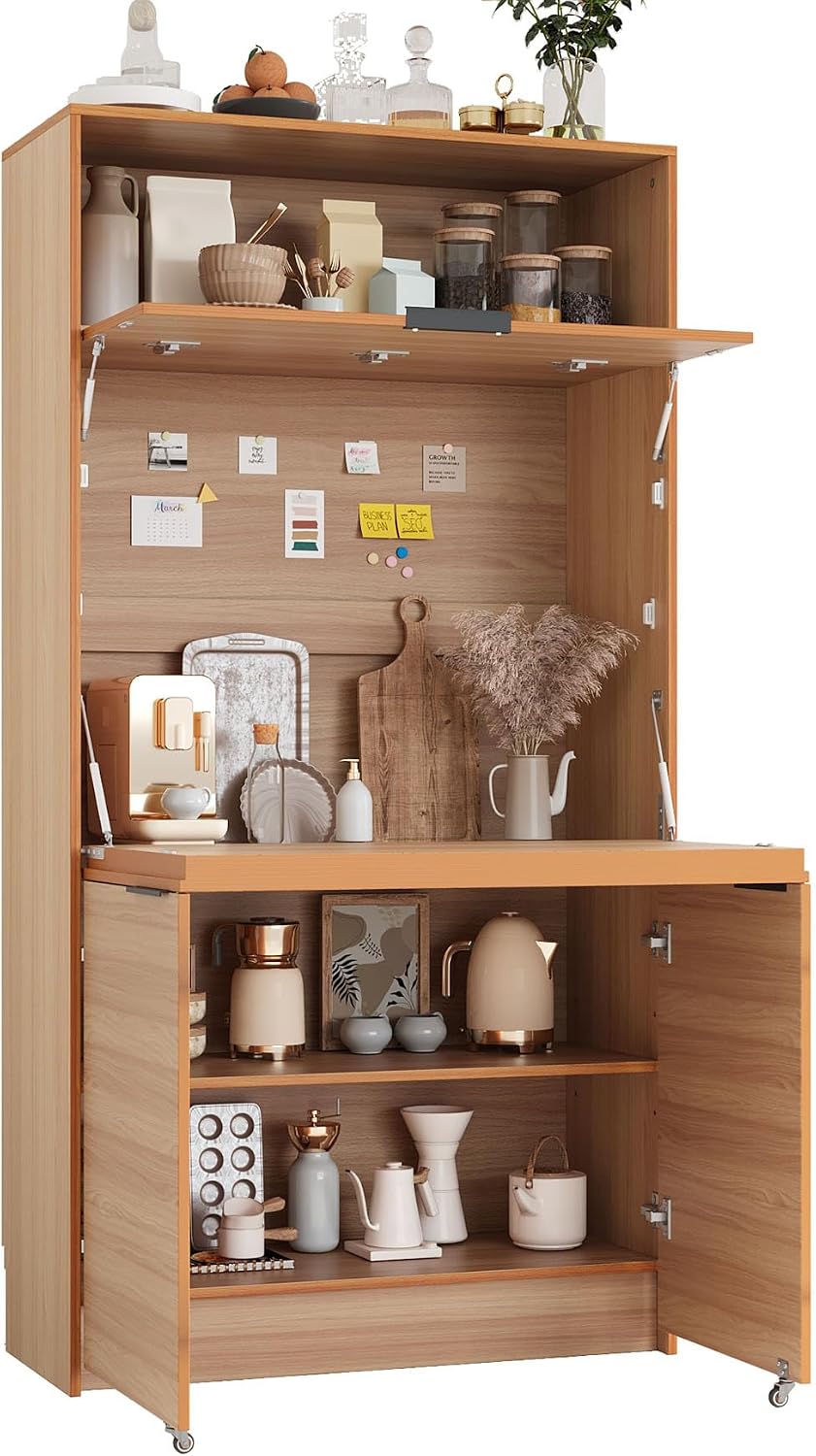 Farmhouse Pantry Cabinet with Foldable Workstation, 69" Tall Buffet with Hutch and Storage, Multifunctional Kitchen Cabinet with Adjustable Shelf and Power Outlet for Dining Room (Natural)