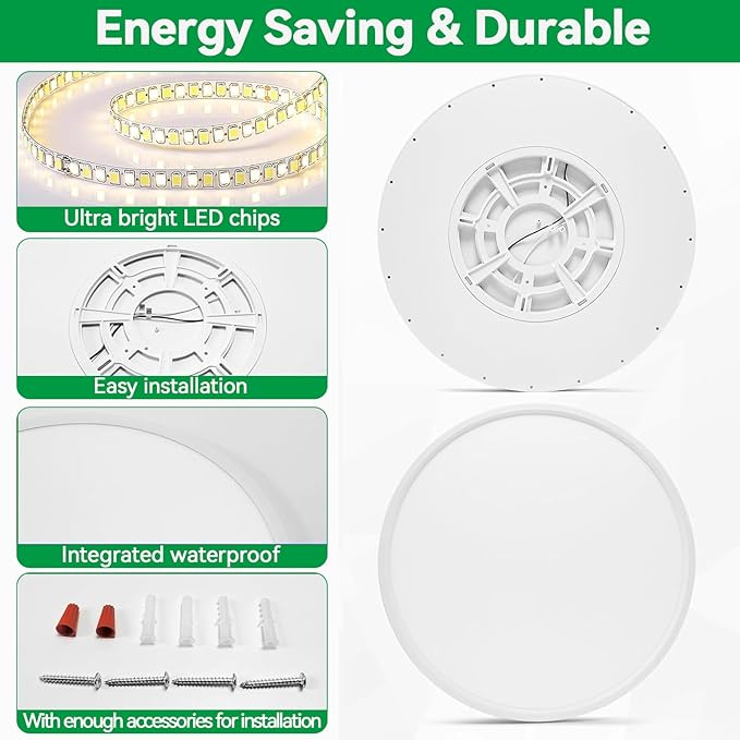 20 Inch Led Ceiling Light, 46W 4600lm Ceiling Light Fixture with 3 Color Temperatures 3000k/4000k/6500K, Ultra-Slim Surface Mounted Lighting Fixture for Kitchen Bedroom Dining