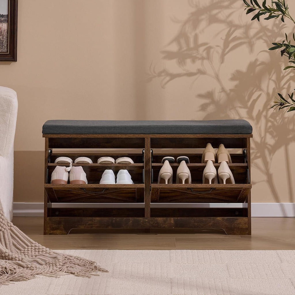 Shoe Storage Bench with 2 Flip Drawers & Barn Doors, Entryway Shoe Cabinet with Adjustable Shelves and Cushioned Seat,Shoe Organizer Storage Bench for Hallway, Living Room, Bedroom, Brown