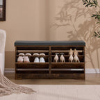 Shoe Storage Bench with 2 Flip Drawers & Barn Doors, Entryway Shoe Cabinet with Adjustable Shelves and Cushioned Seat,Shoe Organizer Storage Bench for Hallway, Living Room, Bedroom, Brown