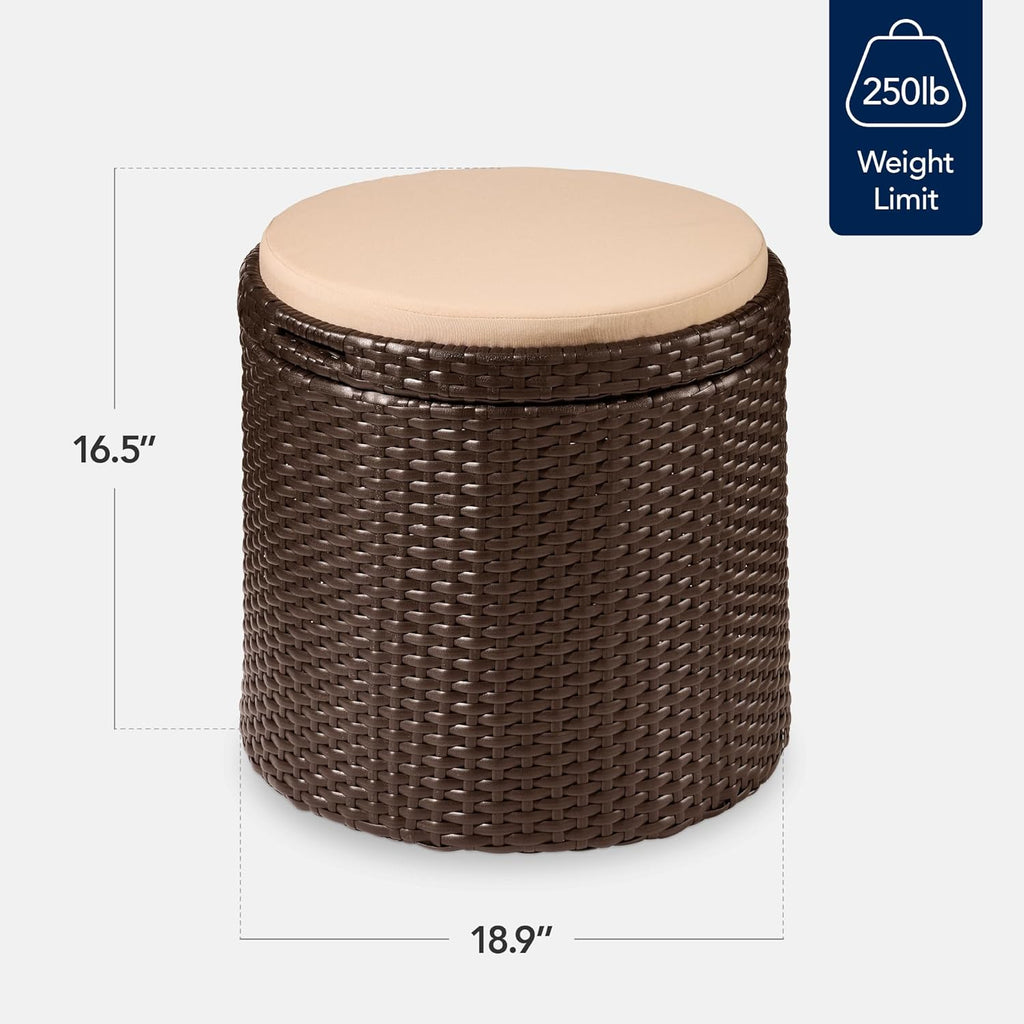 Best Choice Products Round Wicker Ottoman, Multipurpose Outdoor Furniture for Patio, Backyard, Additional Seating, Footrest, Side Table w/Storage, Removable Cushions – Brown/Beige