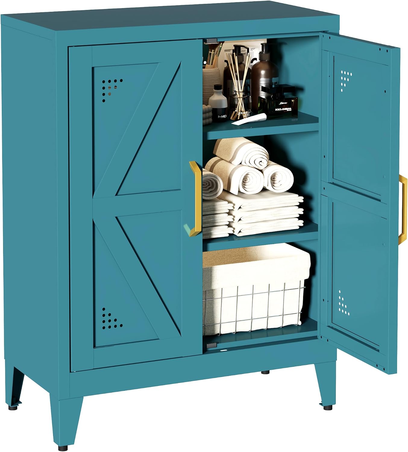 32" Metal Kitchen Pantry Cabinet,Floor Bathroom Storage Cabinet with 2 Adjustable Shelves,Freestanding Sideboard for Small Spaces, Living Room, Hallway, Dining Room,Blue