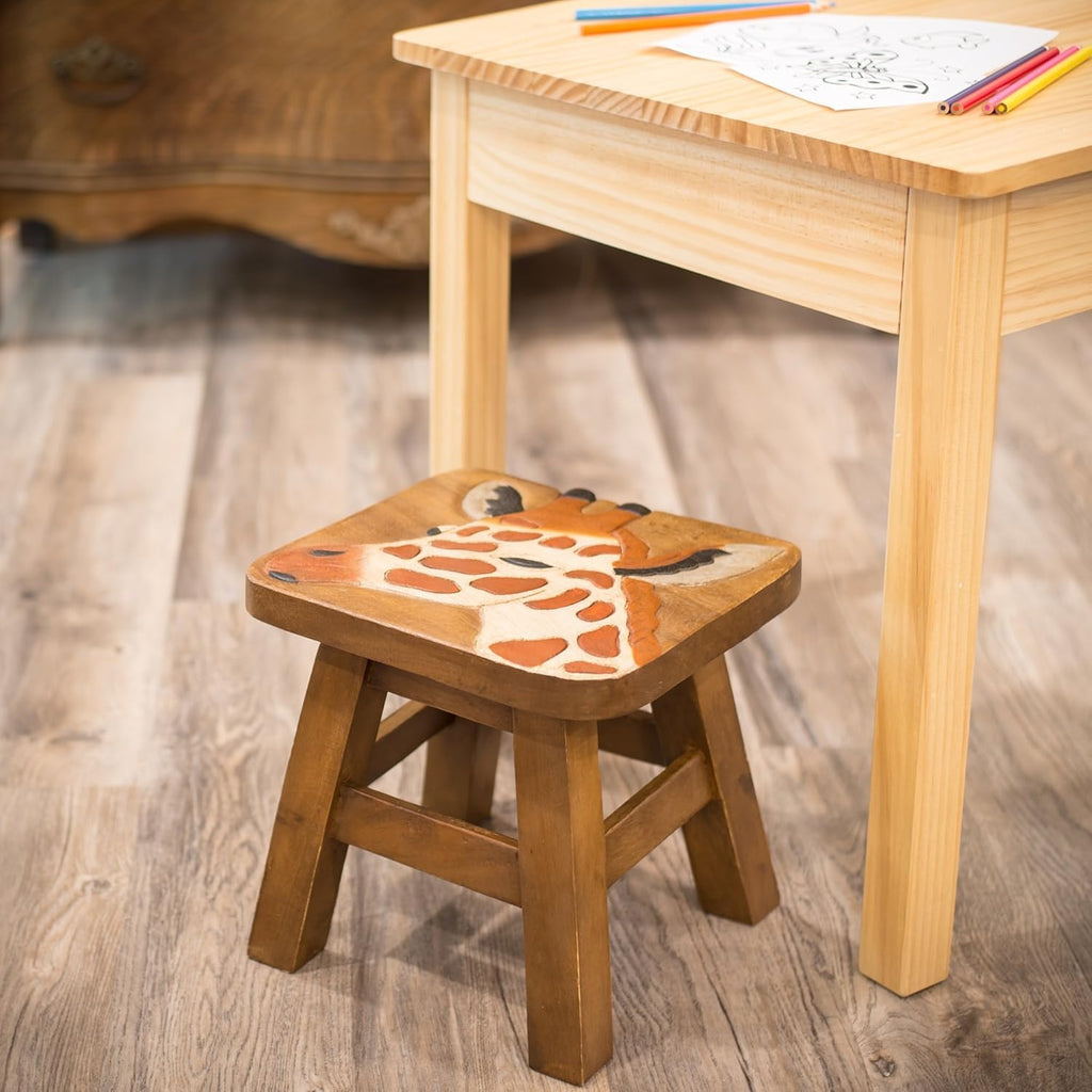 OMA Giraffe Design Wooden Stool End Table – Hand Crafted Animal Stool for Safari Theme Decorative Accent, Garden and Gift