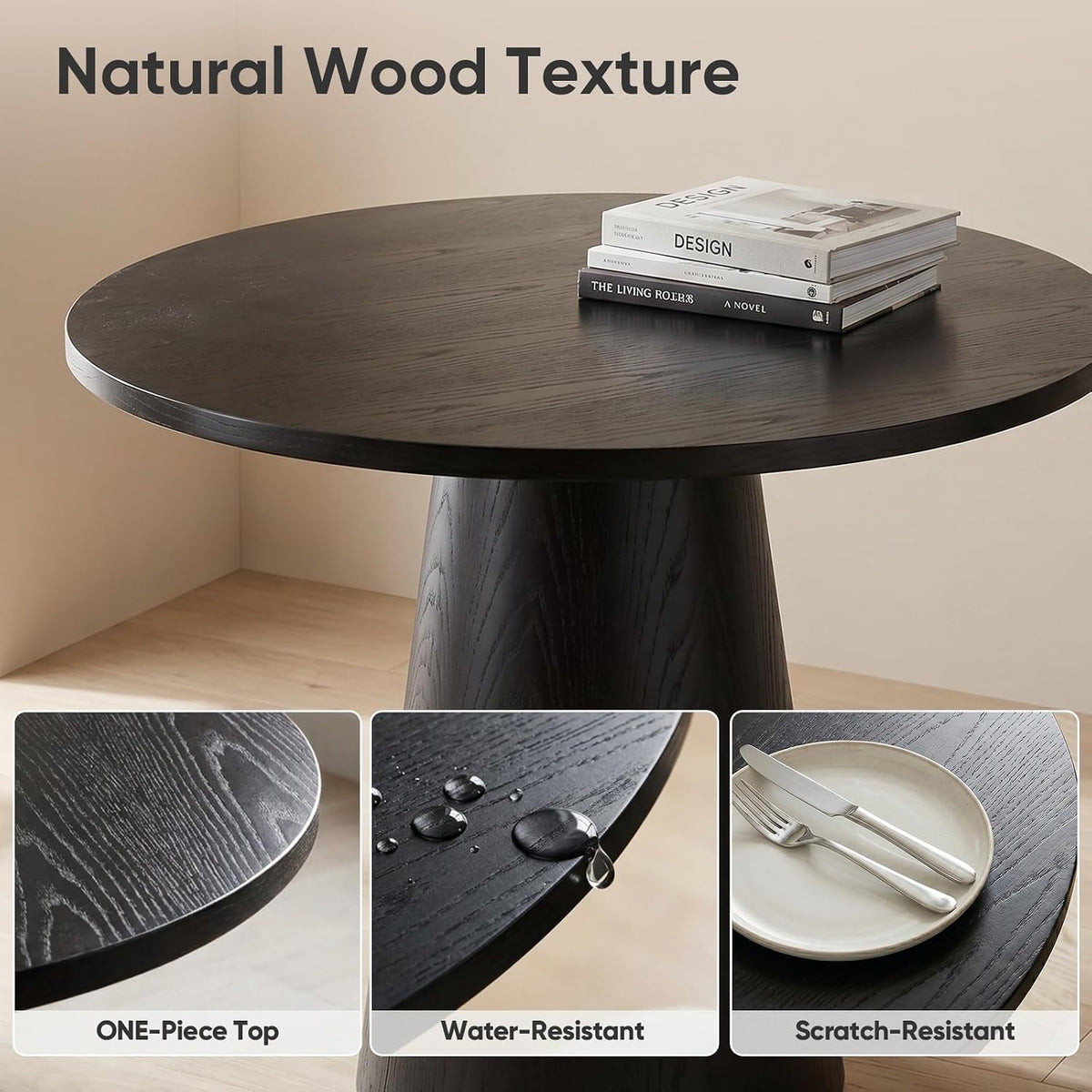 Round Dining Table Wood for 2-4, Modern Farmhouse Kitchen Table | 35'' Small Circle Dining Tables with Pedastal for Kitchen Living Room (Black)