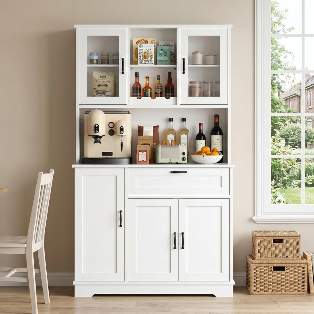 Vongrasig Kitchen Pantry Cabinet, Large Kitchen Hutch Formhouse Storage Cabinet with Microwave Stand, Tall Food Pantry for Dining Room, Living Room, White