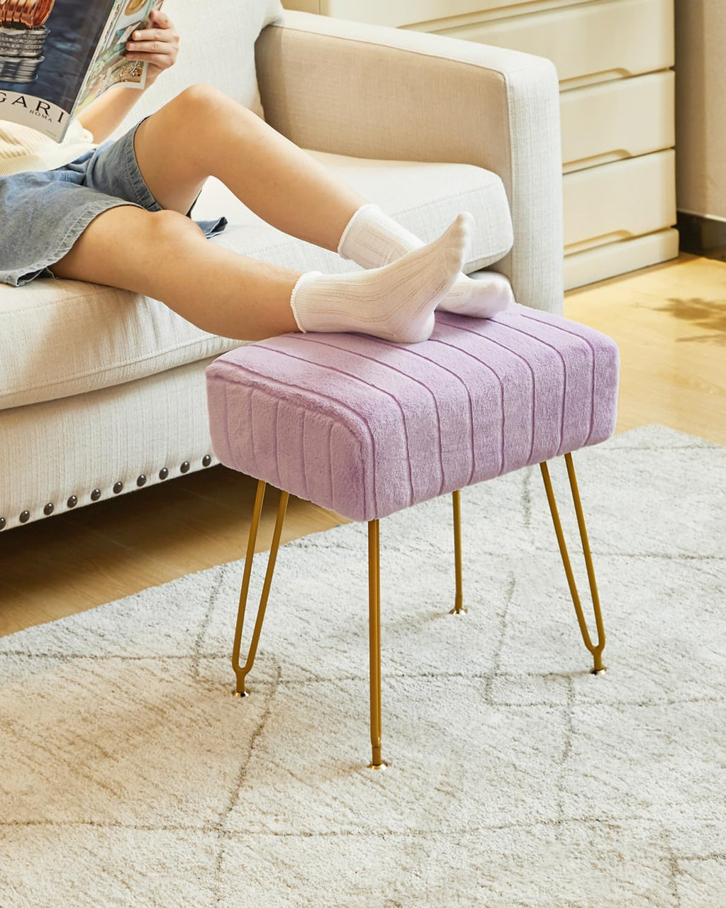 IBUYKE Makeup Vanity Stool, Velvet Rectangular Footrest, Purple LG-51V | Ottoman Side Dressing Table Seat Pouf Couch chair Golden Steel Legs