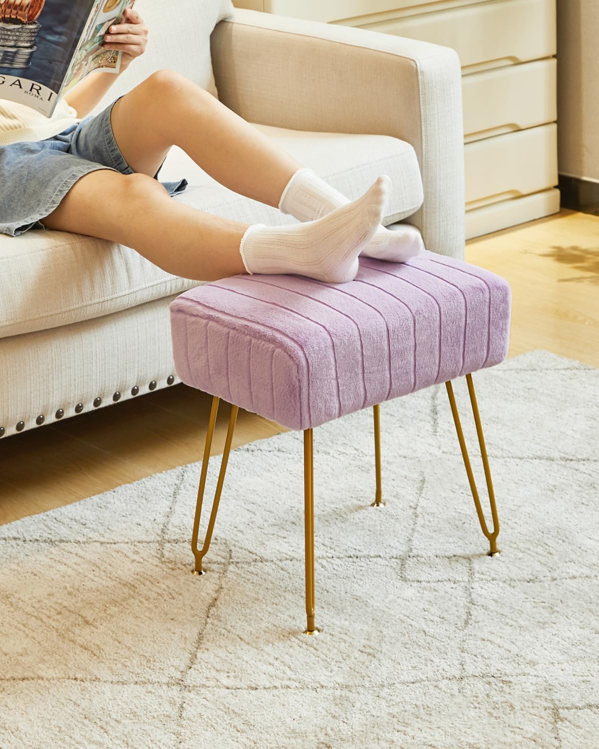 IBUYKE Makeup Vanity Stool, Velvet Rectangular Footrest, Purple LG-51V | Ottoman Side Dressing Table Seat Pouf Couch chair Golden Steel Legs