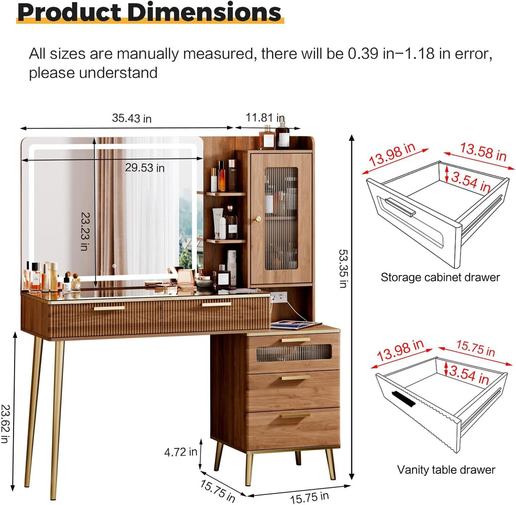 Arulvmrn Vanity Desk with 29.53" HD Lighted Mirror, 47.24" Big Modern Vanity Desk with Mirror and Lights, Makeup Vanity with 5 Drawers and Storage Shelves and Charging Station,B0F7QPHWWM
