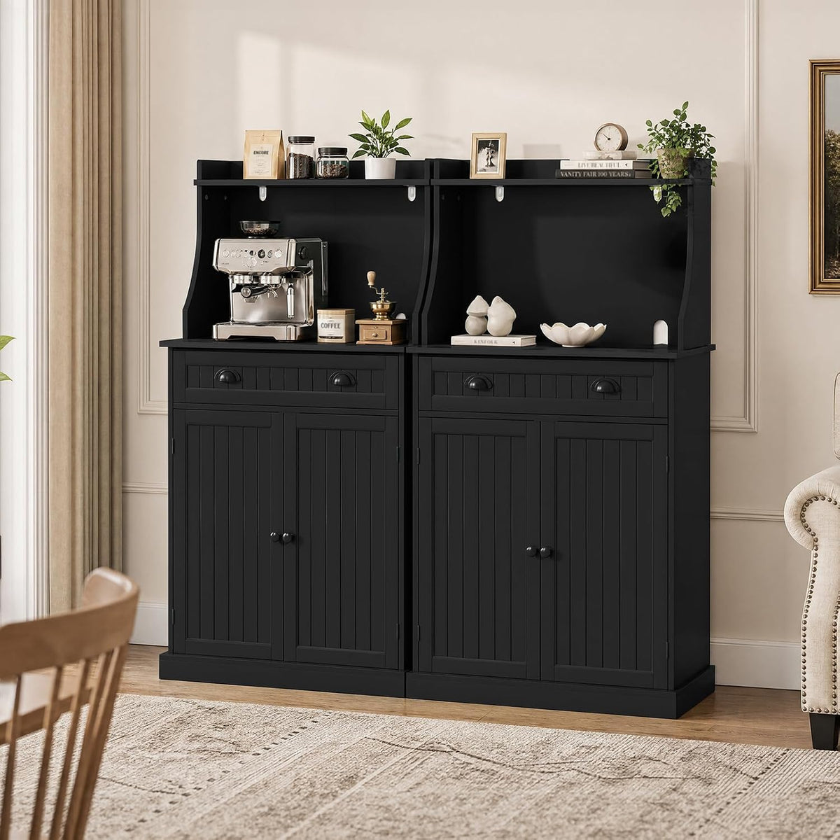 HOLTICO 54" Microwave Storage Cabinet with Doors, Black | Freestanding Kitchen Pantry with Drawer, Coffee Bar Station with Cable Management