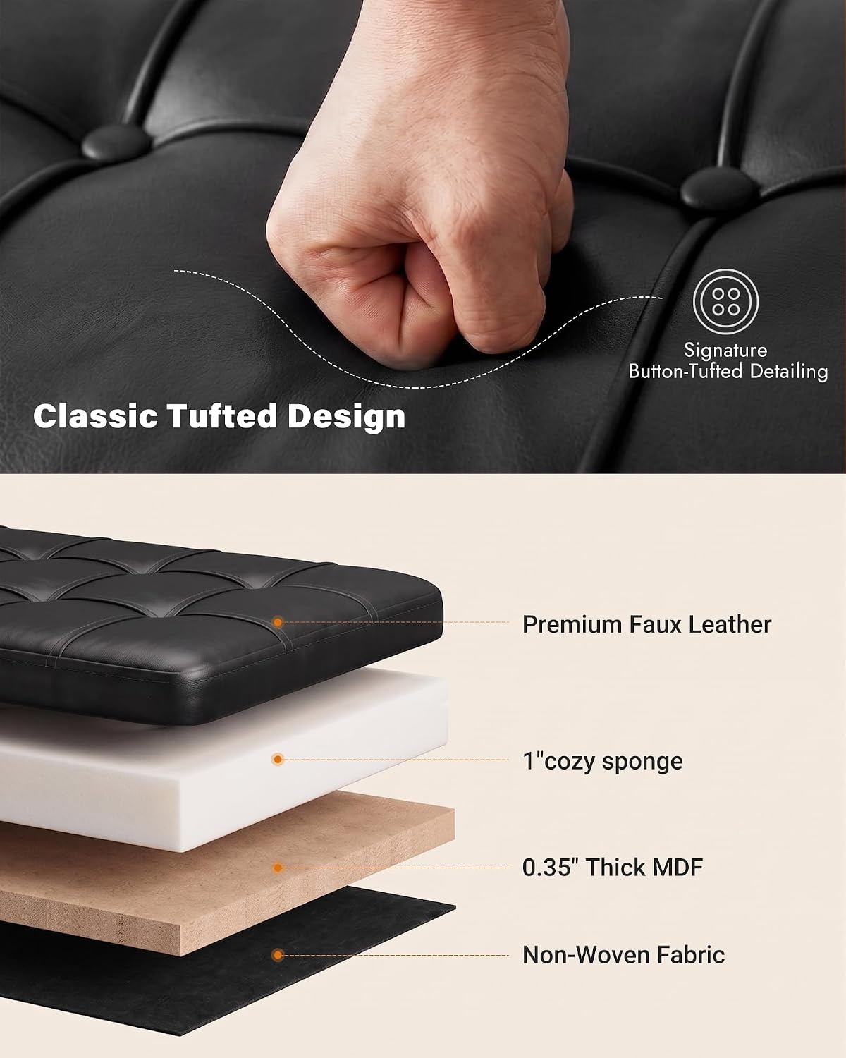 Storage Ottoman Bench, 43.7" PU Leather End of Bed Bench Black | Bench with Large Hidden Storage, Tufted Upholstered Seat, Metal Legs, Mid-Century Modern, For Bedroom, Entryway, Living Room