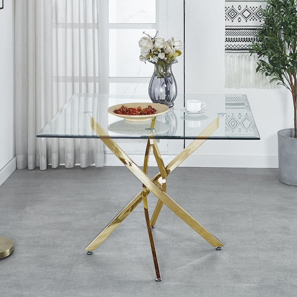 Modern Dining Table for 4 People, 36" Square Dining Table with Gold Chrome Metal X-Base, Square Tempered Glass Dining Room Table, Small Kitchen Dining Room Tables Dinner Tables