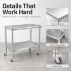 24x48 Stainless Steel Prep Table with Wheels, 1000 lbs, Kitchen, BBQ | Thickened Stainless Steel, 1000-Lb Capacity, Tool-Free Press-Fit Setup, 2-Tier Storage, 4 Locking Casters, 31.5-Inch Height