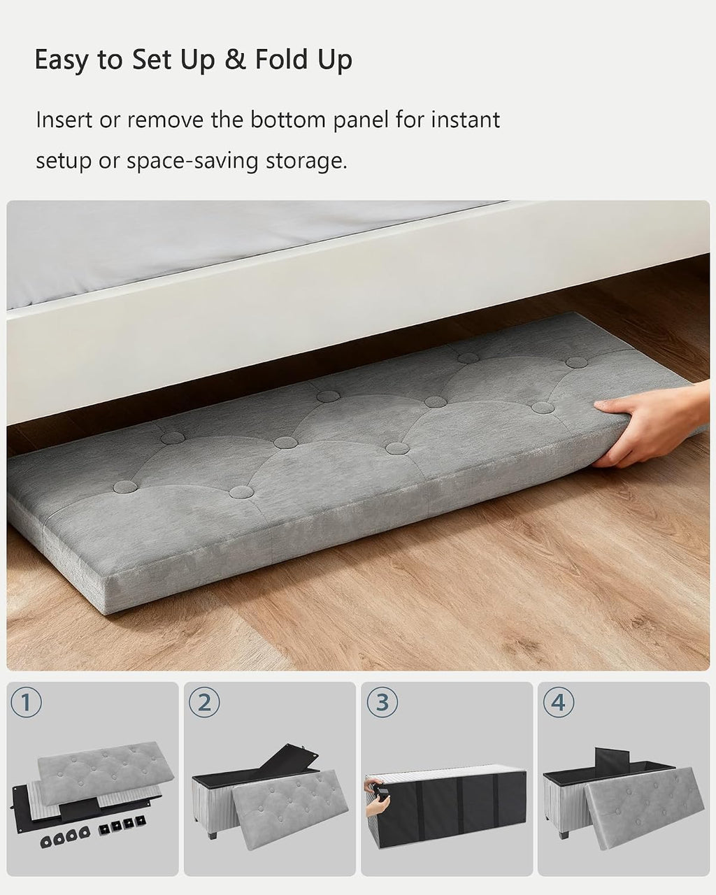 LITZFUR 43 Inches Storage Ottoman Bench, Velvet Foot Rest Stool, Grey | Folding Ottoman with Legs, End of Bed Bench, Storage Chest for Living Room, Bedroom