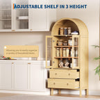 71" Display Arched Storage Cabinet, Kitchen Pantry with Tempered Glass Doors, 2 Large Drawers and Adjustable Shelves, Arched Bookshelf Cabinet for Dining Room Kitchen Office- Natural