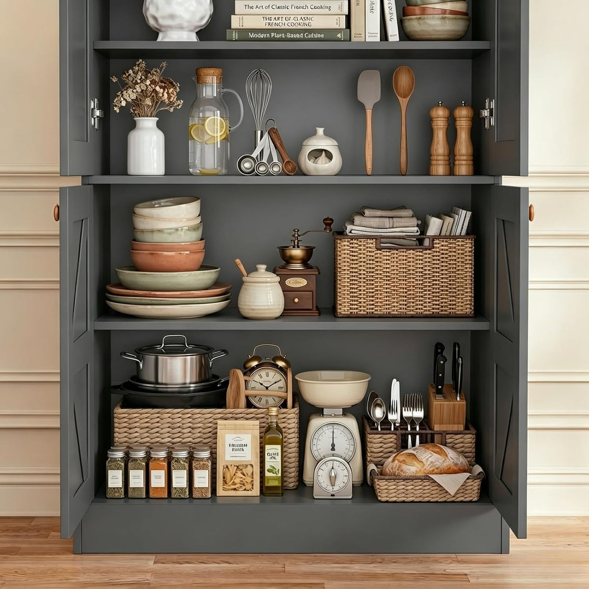 71" Tall Farmhouse Kitchen Pantry, Large Storage Cabinet with Glass Doors, Adjustable Shelves + 3 Drawer, Wood Versatile Hutch Cabinet for Dining Room, Living Room， Black，2Pcs