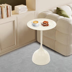 Small End Table, 15.75" Round Bedside Table with Industrial Iron Frame, Space-Saving Accent Table for Living Room & Bedroom, Fluted Circle Decorative Drink Martini Tables (Cream White)