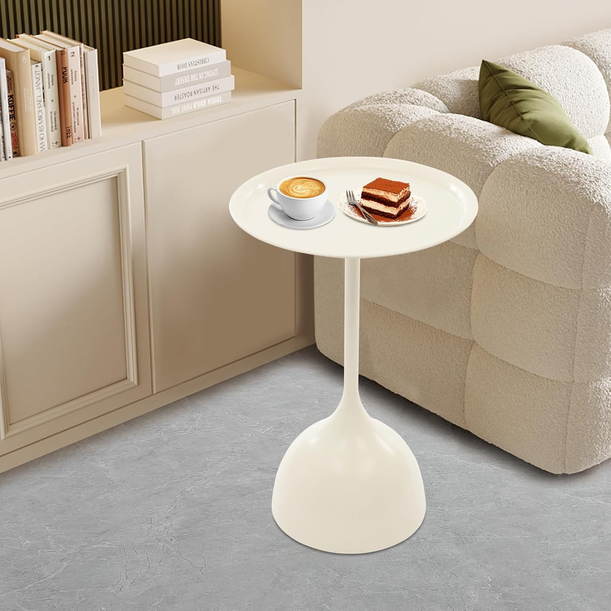 Small End Table, 15.75" Round Bedside Table with Industrial Iron Frame, Space-Saving Accent Table for Living Room & Bedroom, Fluted Circle Decorative Drink Martini Tables (Cream White)