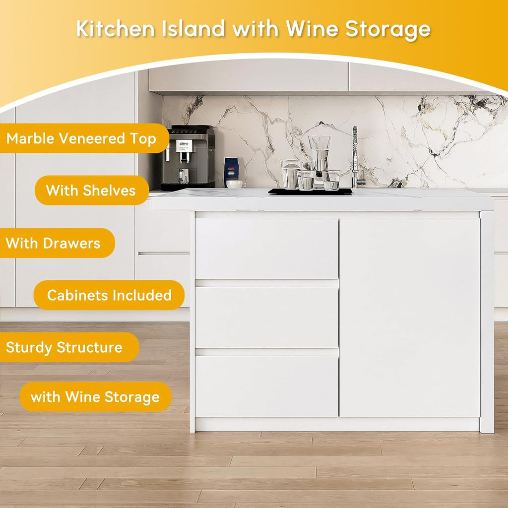 homary Kitchen Island with Storage & Wine Rack, 50" Modern White Kitchen Cabinet with Wood Top, Large Fixed Island with 3 Drawers & 6 Adjustable Shelves