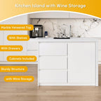 homary Kitchen Island with Storage & Wine Rack, 50" Modern White Kitchen Cabinet with Wood Top, Large Fixed Island with 3 Drawers & 6 Adjustable Shelves