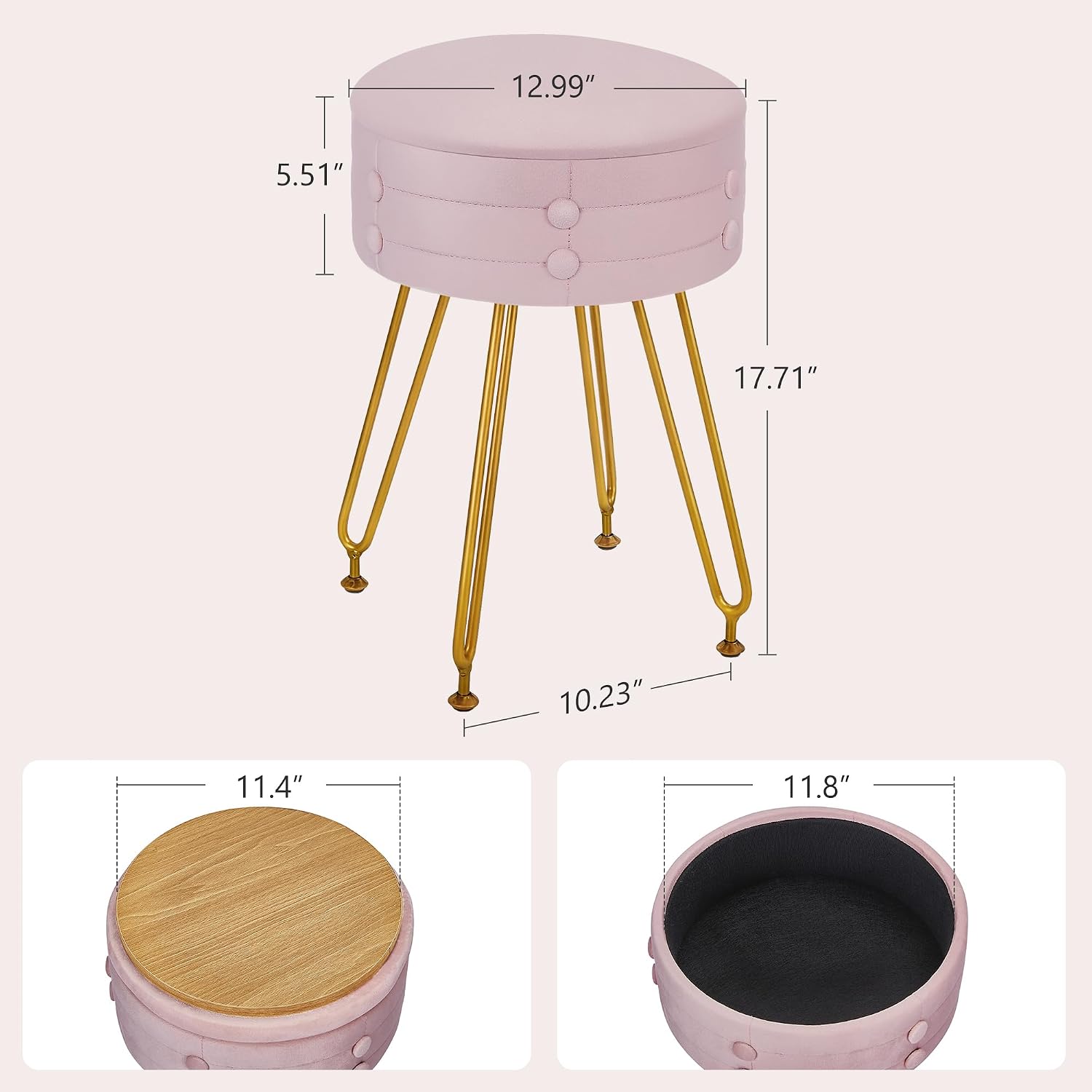 VECELO Round Velvet Vanity Stool with Storage, Faux Fur Padded Makeup Chair with 4 Metal Legs for Bedroom, Pink