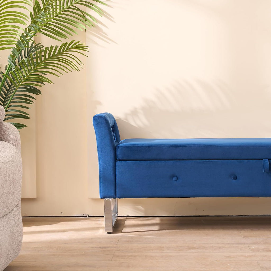 GDFStudio Velvet Storage Bench with Hidden Compartment - Upholstered Ottoman for Entryway, Bedroom, Living Room - Soft Foam Cushion, Sturdy Silver Metal Legs, Easy Assembly - Navy Storage Seat