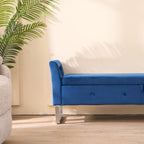 GDFStudio Velvet Storage Bench with Hidden Compartment - Upholstered Ottoman for Entryway, Bedroom, Living Room - Soft Foam Cushion, Sturdy Silver Metal Legs, Easy Assembly - Navy Storage Seat