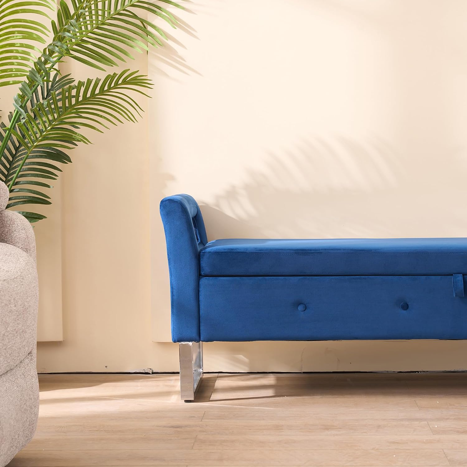 GDFStudio Velvet Storage Bench with Hidden Compartment - Upholstered Ottoman for Entryway, Bedroom, Living Room - Soft Foam Cushion, Sturdy Silver Metal Legs, Easy Assembly - Navy Storage Seat