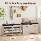 39" Shoe Storage Bench with Seat Cushion, Wood, Ash White | 8-Pair Shoe Capacity, 2 Doors, Comfortable Seating, Space-saving, Narrow Entryway Bench Ideal for Foyer, 330 lb Capacity