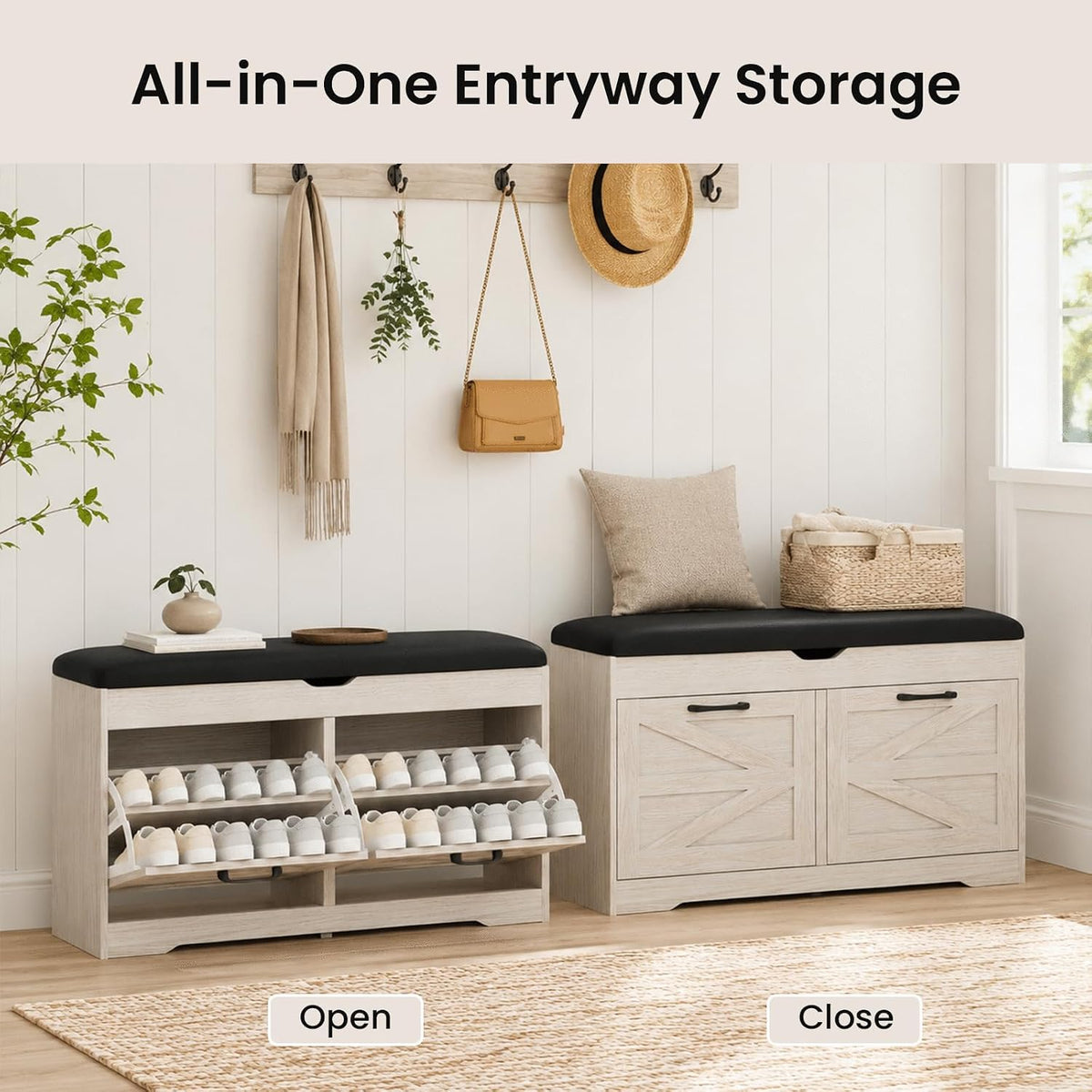 39" Shoe Storage Bench with Seat Cushion, Wood, Ash White | 8-Pair Shoe Capacity, 2 Doors, Comfortable Seating, Space-saving, Narrow Entryway Bench Ideal for Foyer, 330 lb Capacity