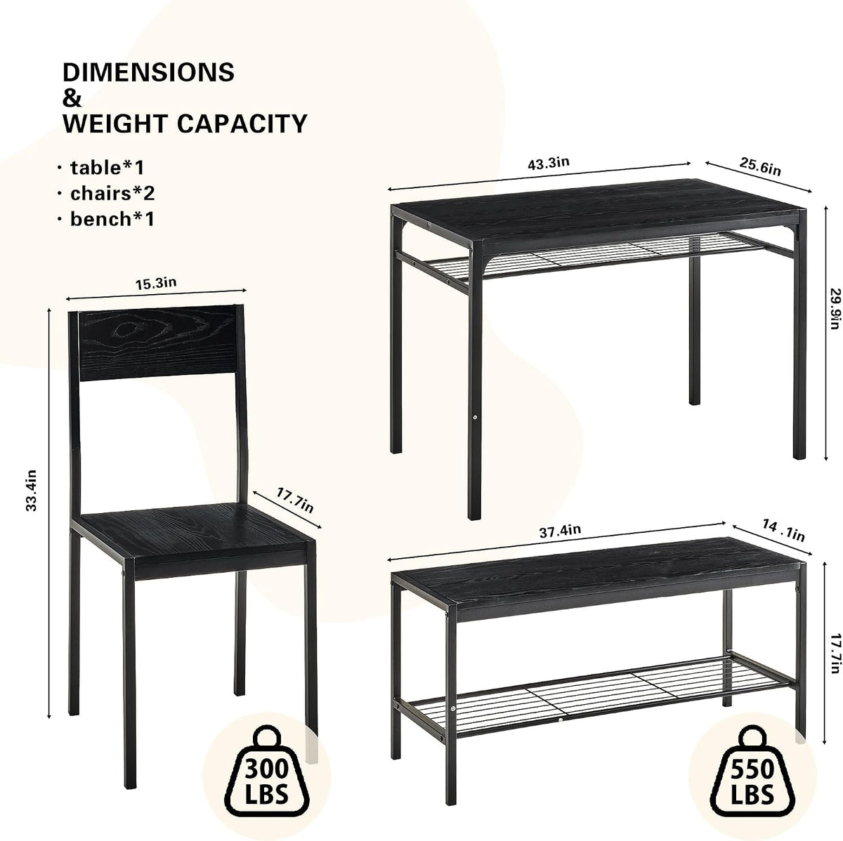 VECELO Kitchen Dining Room Table with 2 Chairs & Bench, Compact Space-Saving Design, Easy Assembly Steel Frame, Perfect for Small Apartments & Breakfast Nooks，Industrial
