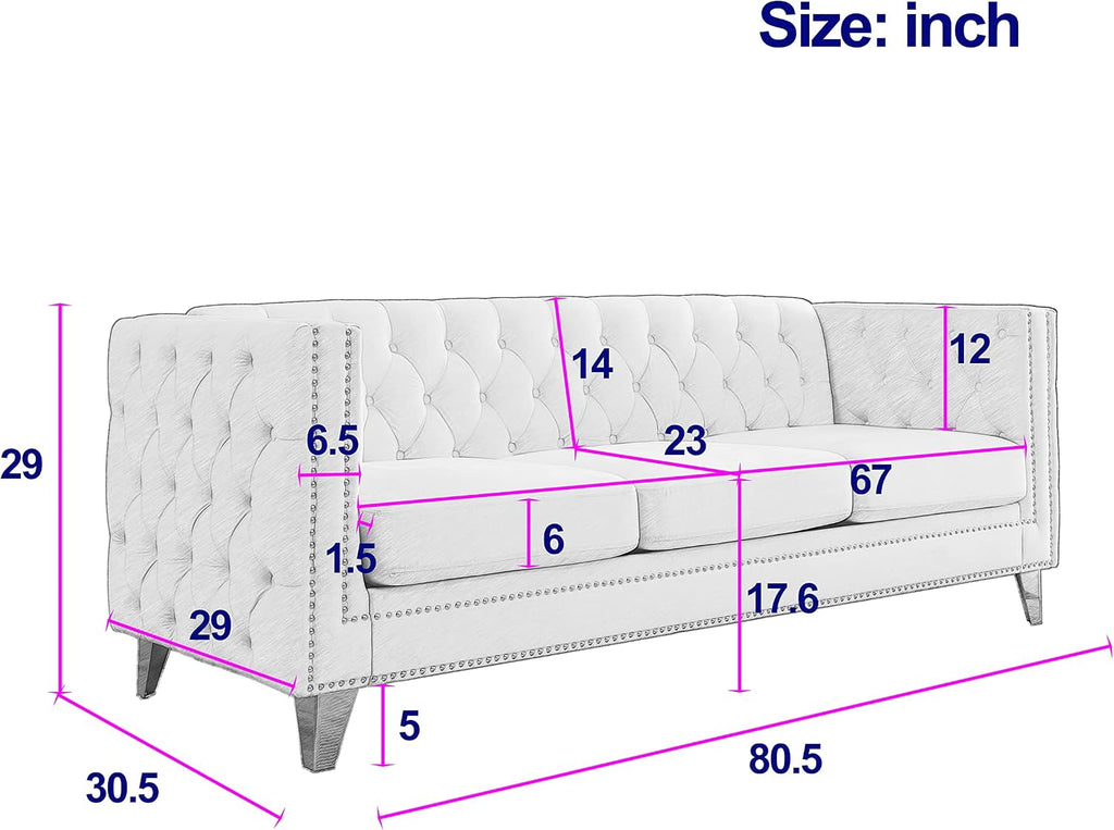 mikibama 80.5" Velvet 3 Seater Sofa Couch for Living Room,Button Tufted 3-Seat Couches with Nailhead Trims,Modern Upholstered Sofas with Golden Metal Legs for Bedrooom,Office