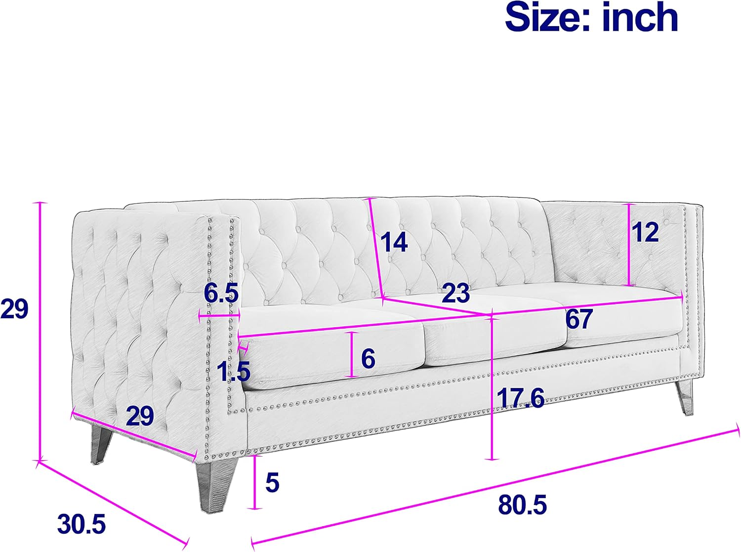 mikibama 80.5" Velvet 3 Seater Sofa Couch for Living Room,Button Tufted 3-Seat Couches with Nailhead Trims,Modern Upholstered Sofas with Golden Metal Legs for Bedrooom,Office
