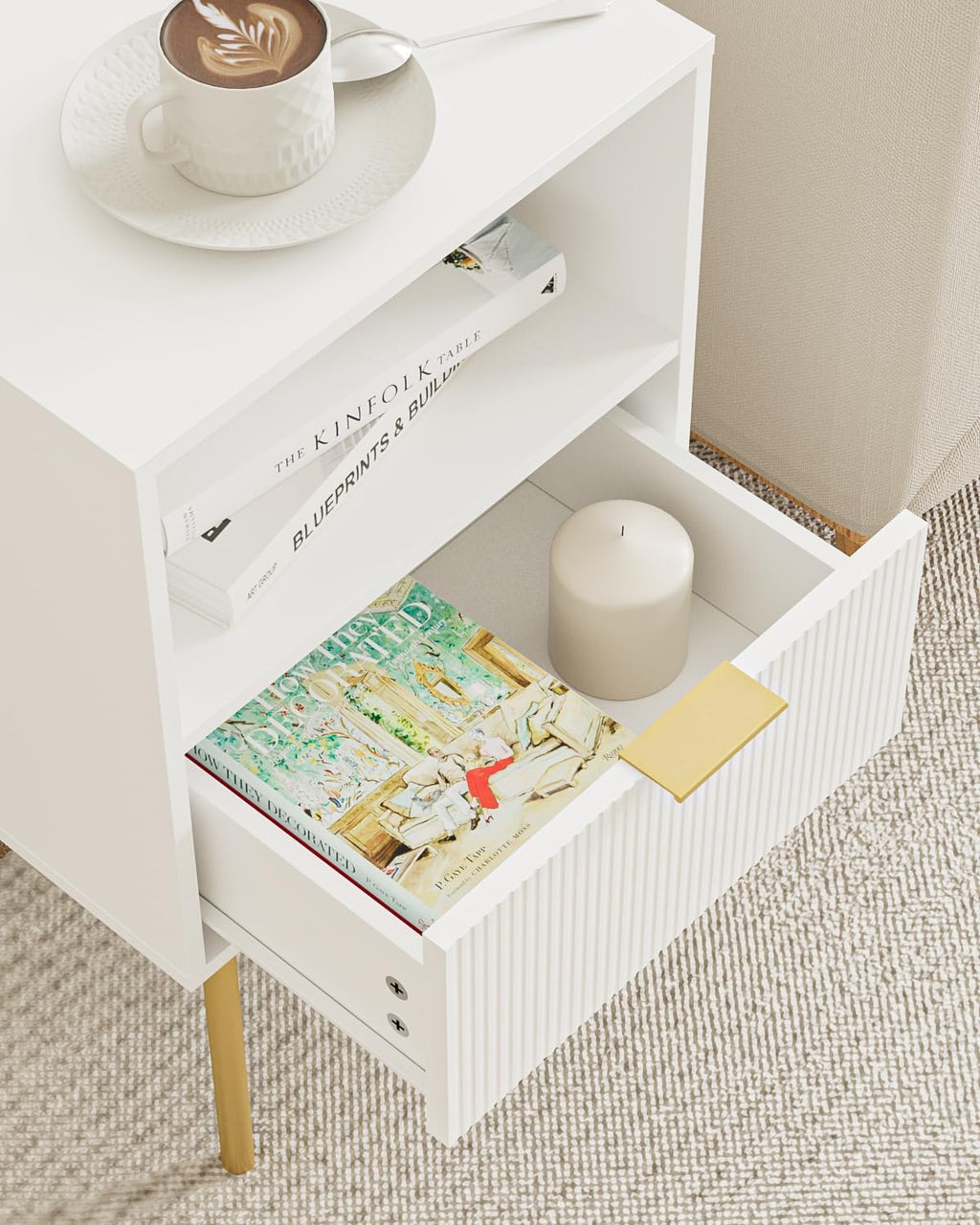 Masupu Night Stand, Mid-Century Bedside Table with Storage Drawer and Open Wood Shelf, Small Gold Frame Flueted Nightstand, Side Table for Bedroom, Living Room, White(Tall 25'')