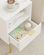 Masupu Night Stand, Mid-Century Bedside Table with Storage Drawer and Open Wood Shelf, Small Gold Frame Flueted Nightstand, Side Table for Bedroom, Living Room, White(Tall 25'')