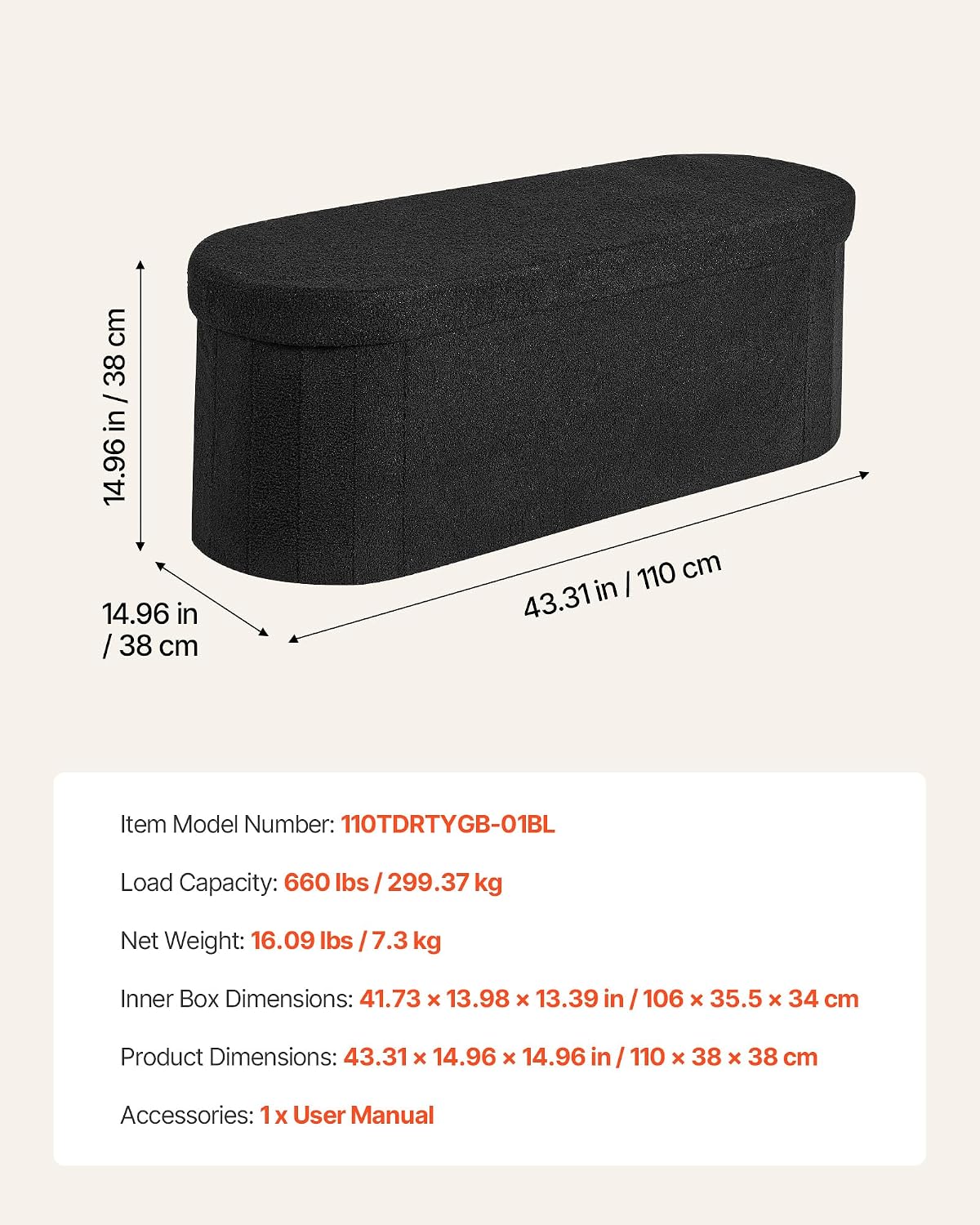 VEVOR Oval Storage Ottoman Bench, Foldable Teddy Fleece End of Bed Bench, Folding Upholstered Bed Ottoman Chest with Large Storage Space, Supports 660 lbs, for Living Room, Bedroom, Entryway, Black