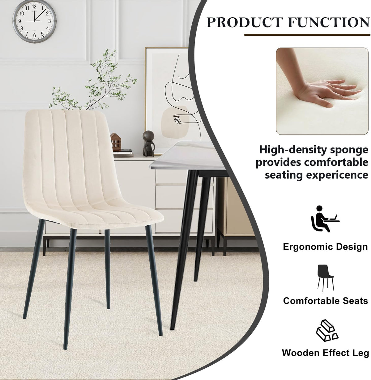 5 Piece Circle Dining Table Set for 6, 47 Inch Wood Dining Table & Cream Velvet Upholstered Chairs with Sturdy Black Metal Legs, Round Kitchen Table Set for Kitchen Dining Room, Living Room