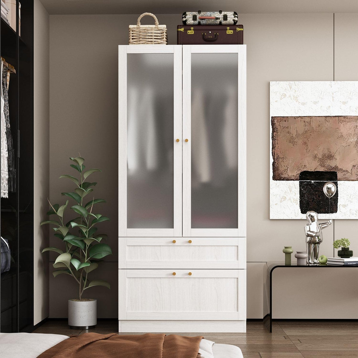MOUMON Modern Wardrobe with Drawers, Bedroom Armoires with Frosted Glass Doors and Hanging Rod, Armoire Wardrobe Closet with Gold Knobs, Wood Grain 31.5" W x 19.9" D x 70.9" H